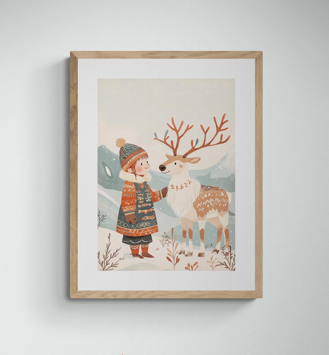 Sami Child And Reindeer Nordic Winter Snow Cultural Kids Wall Art