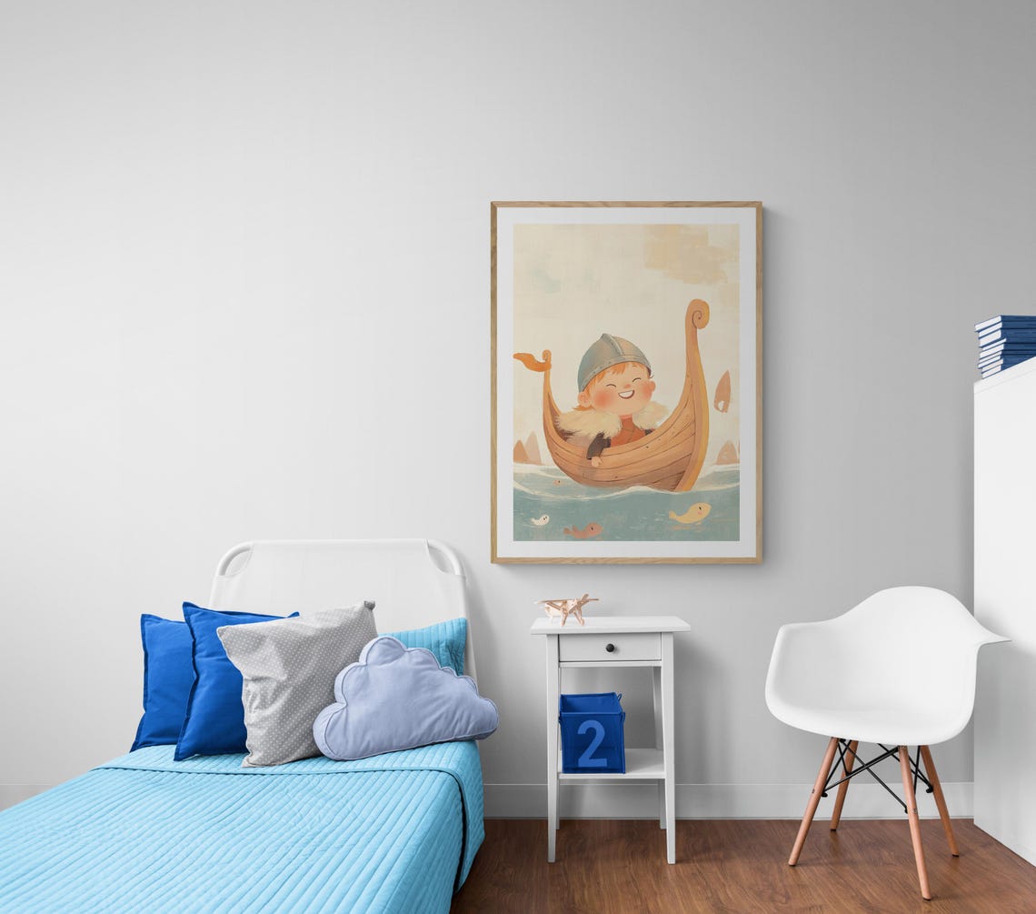 Playful Viking Child Sailing Wooden Drakkar Cute Nordic Kids Art Print - Image 2