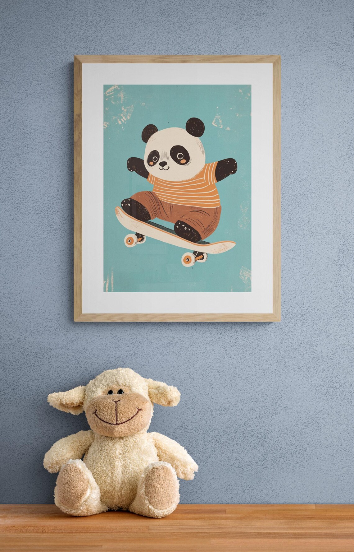 Skateboarding Panda Retro Teal Kids Room Playful Animal Wall Art Poster - Image 3
