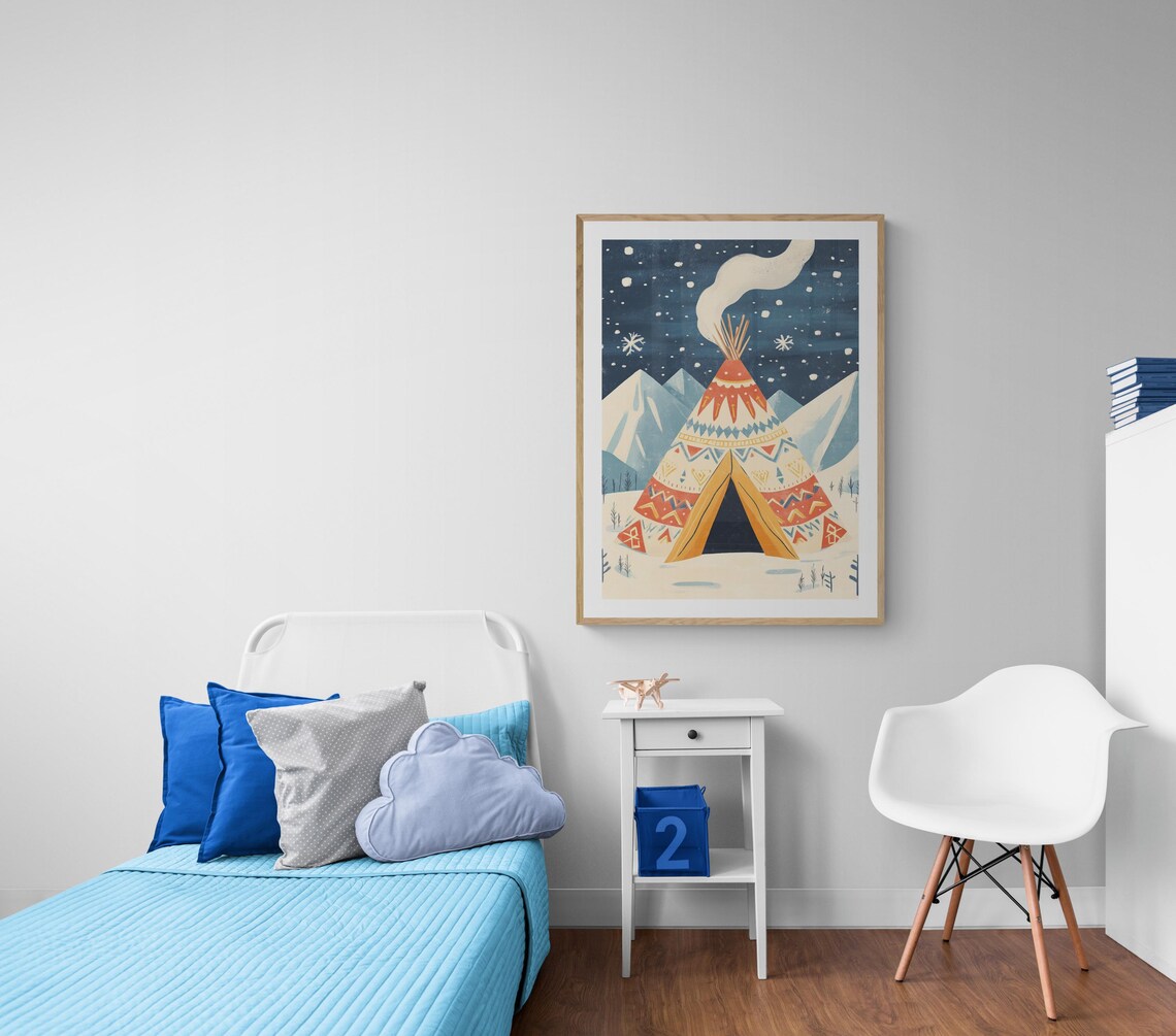 Sami Lavvu Nordic Winter Tent Snowy Mountains Night Sky Art Poster - Image 2