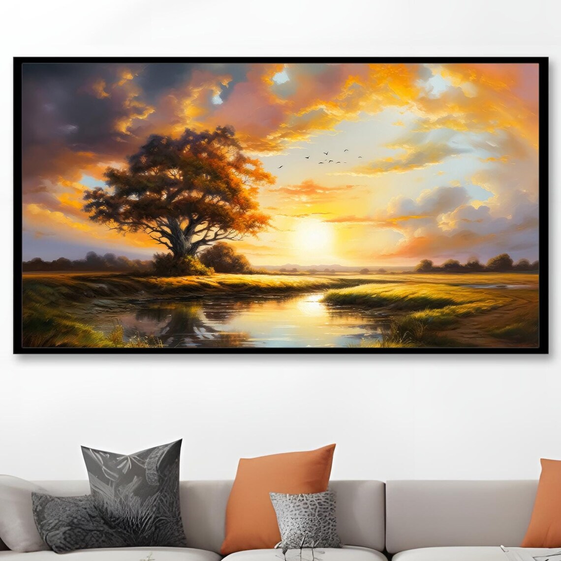 Sunset Landscape, Peaceful Tree By The River