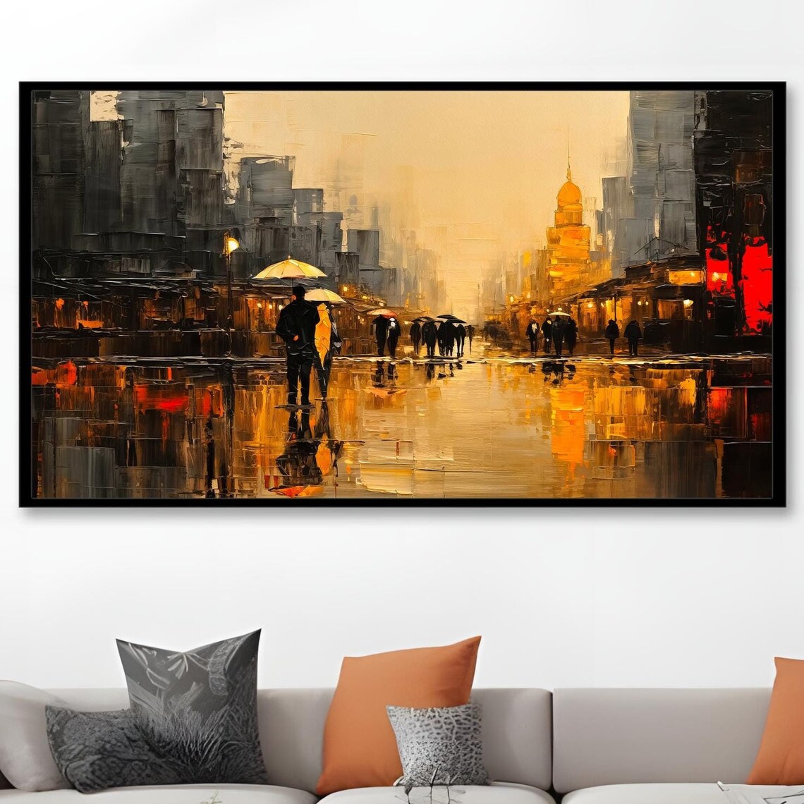 Abstract Cityscape Painting, Rainy Street Scene