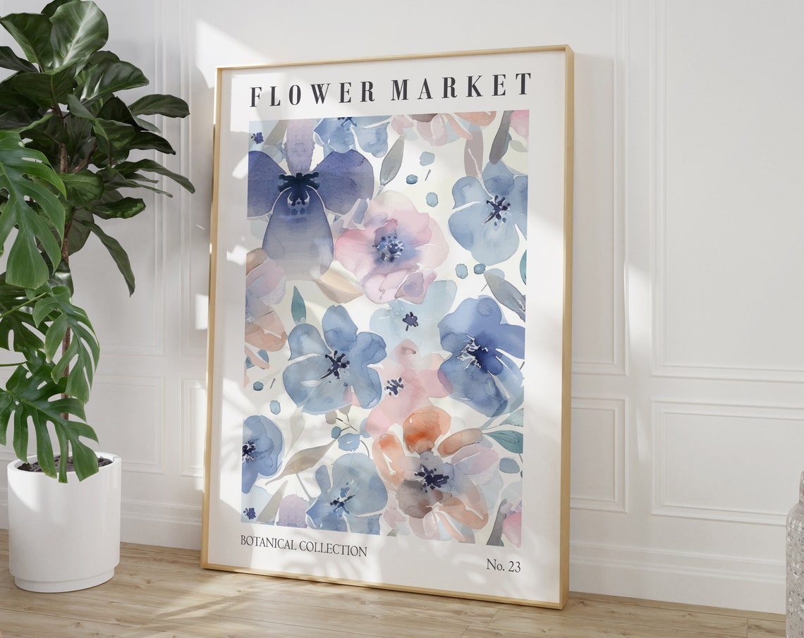 Flower Market Watercolor Blue Pink Blooms Botanical No 23 Poster