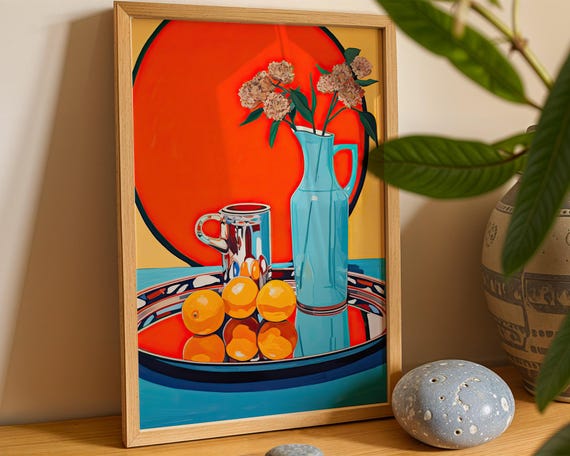 Citrus Still Life Poster Bright Orange With Blue Vase Kitchen Art Print Illustration Retro Dining Drawing