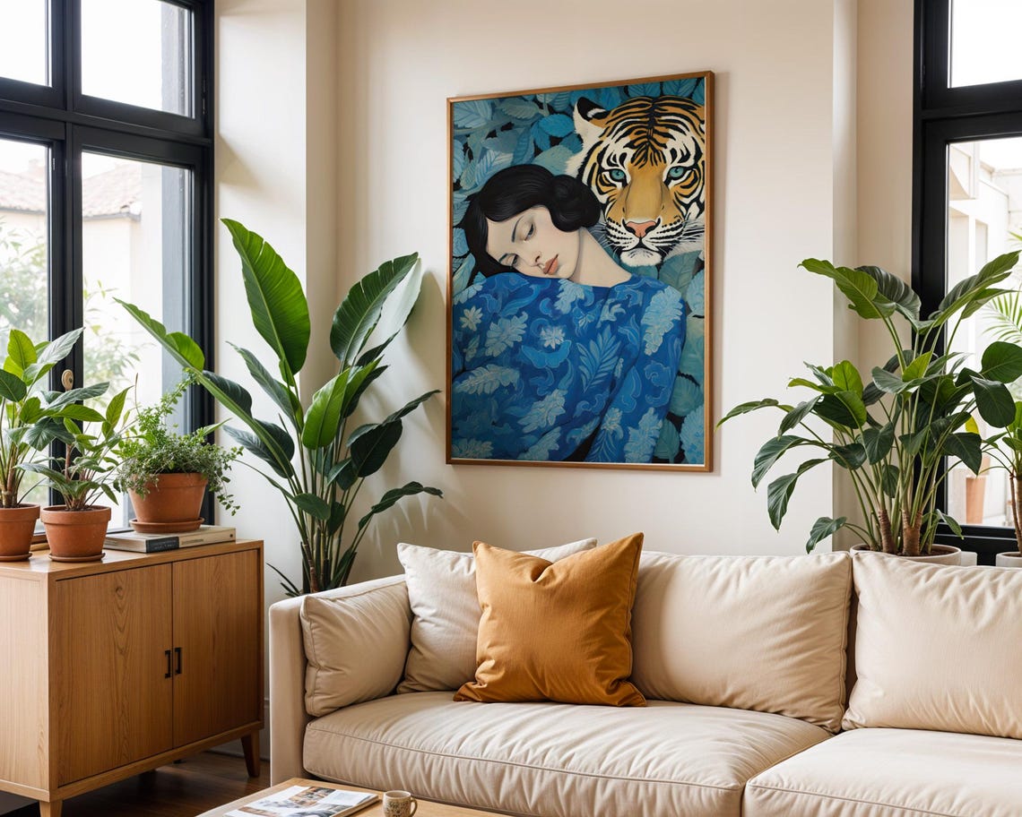 Serene Woman And Tiger In Blue Foliage Mystical Jungle Art Poster