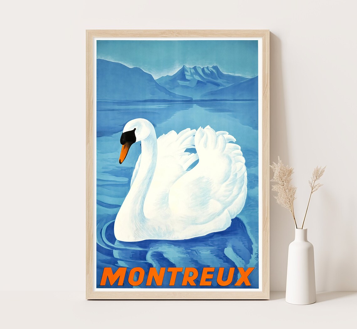 Montreux Switzerland Swan Lake Geneva Alps Blue Vintage Travel Poster