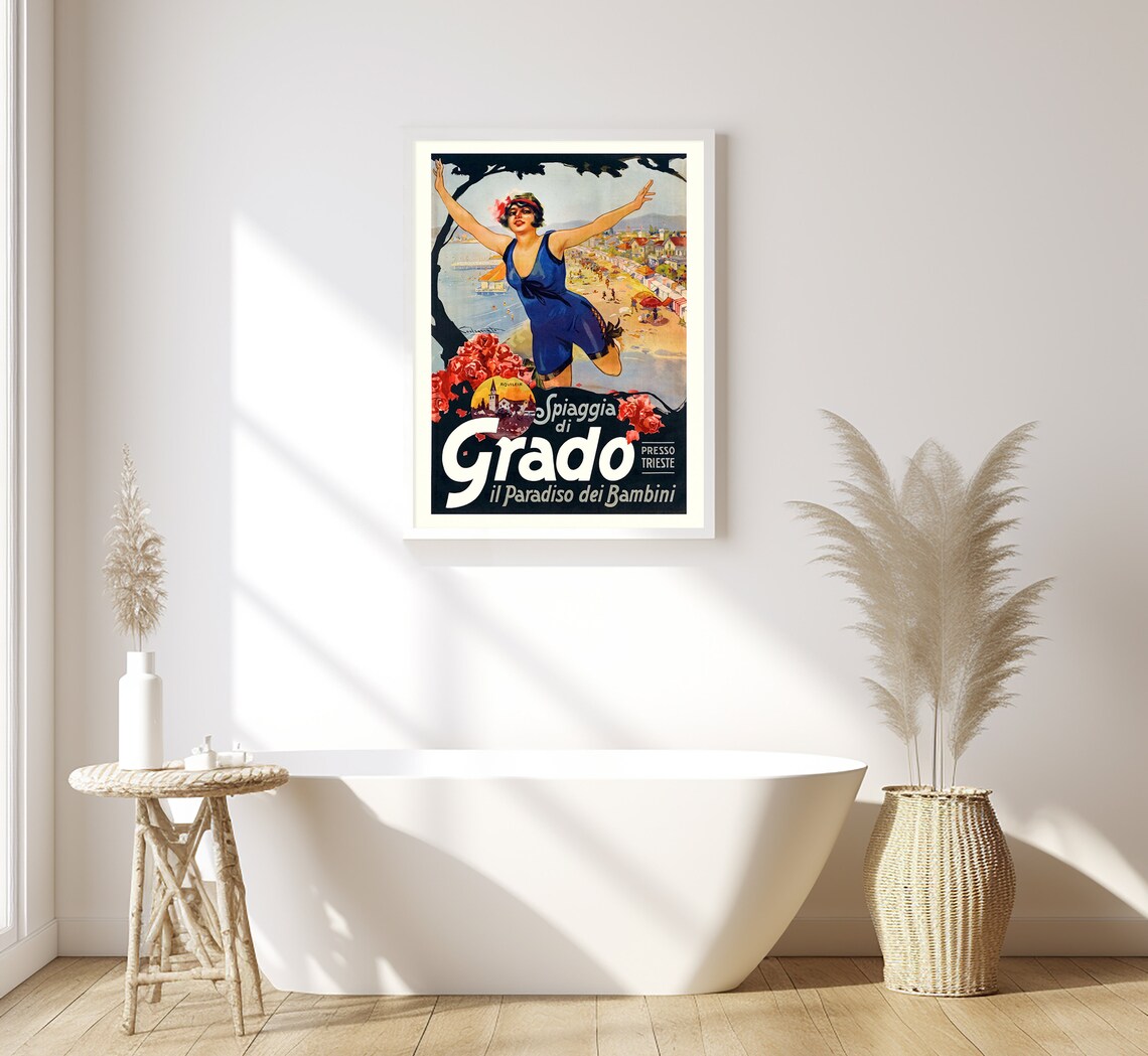 Grado Italy Spiaggia Di Grado Beach Jumping Swimmer Vintage Poster - Image 3