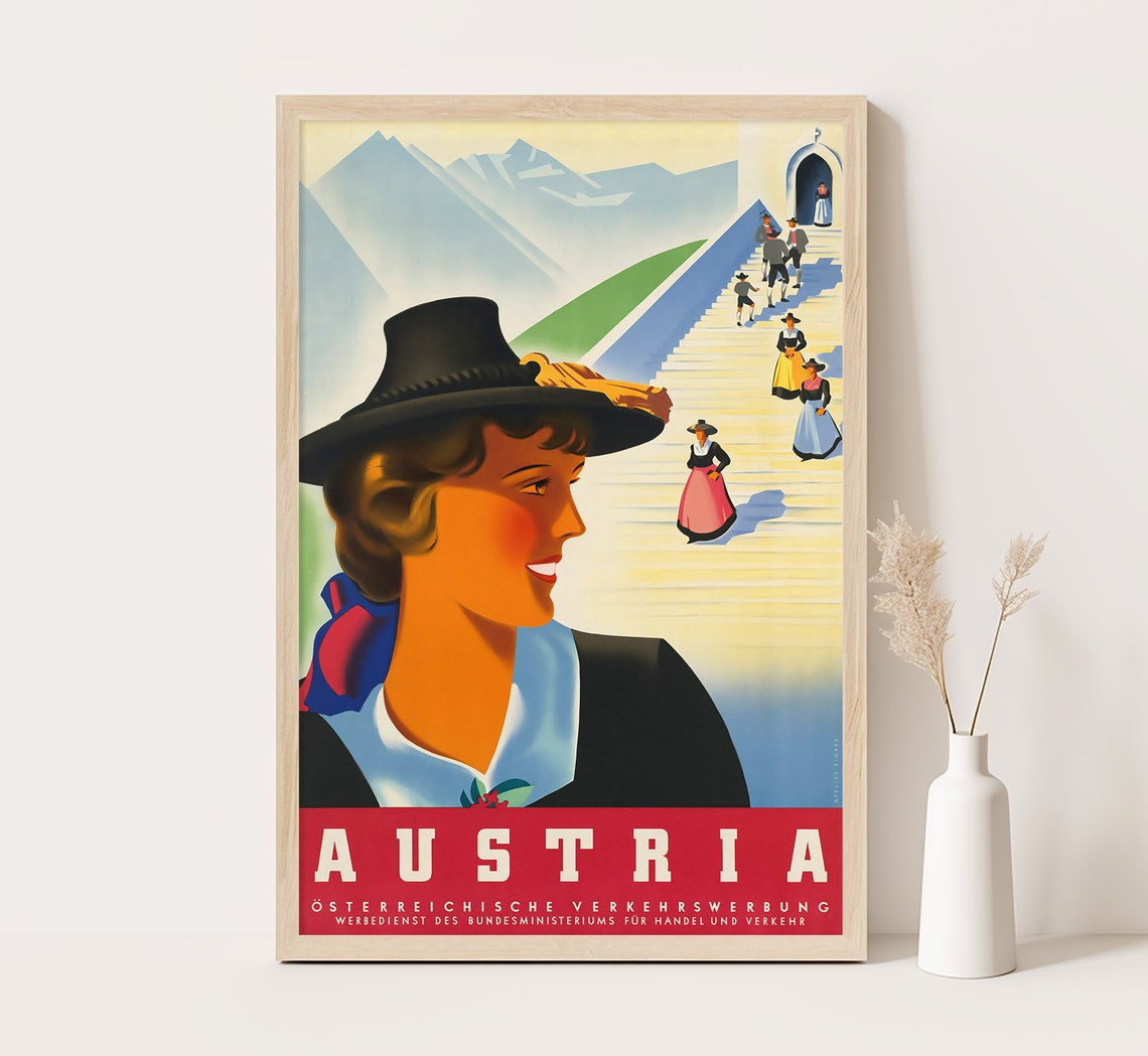 Austria Tyrolean Hat Woman Alpine Church Steps Vintage Tourism Poster