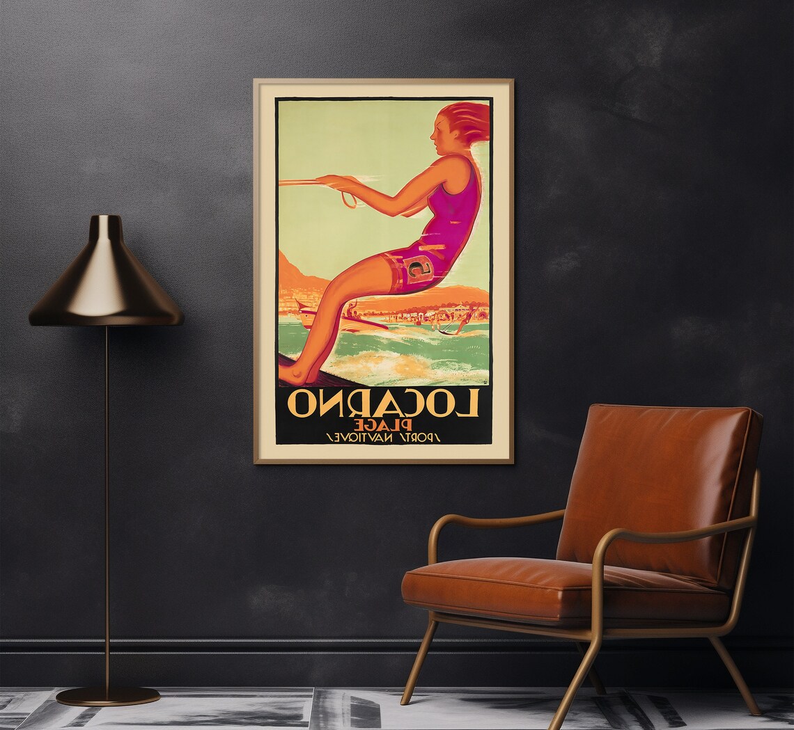 Locarno Switzerland Water Ski Woman Lake Sports Art Deco Travel Poster - Image 2