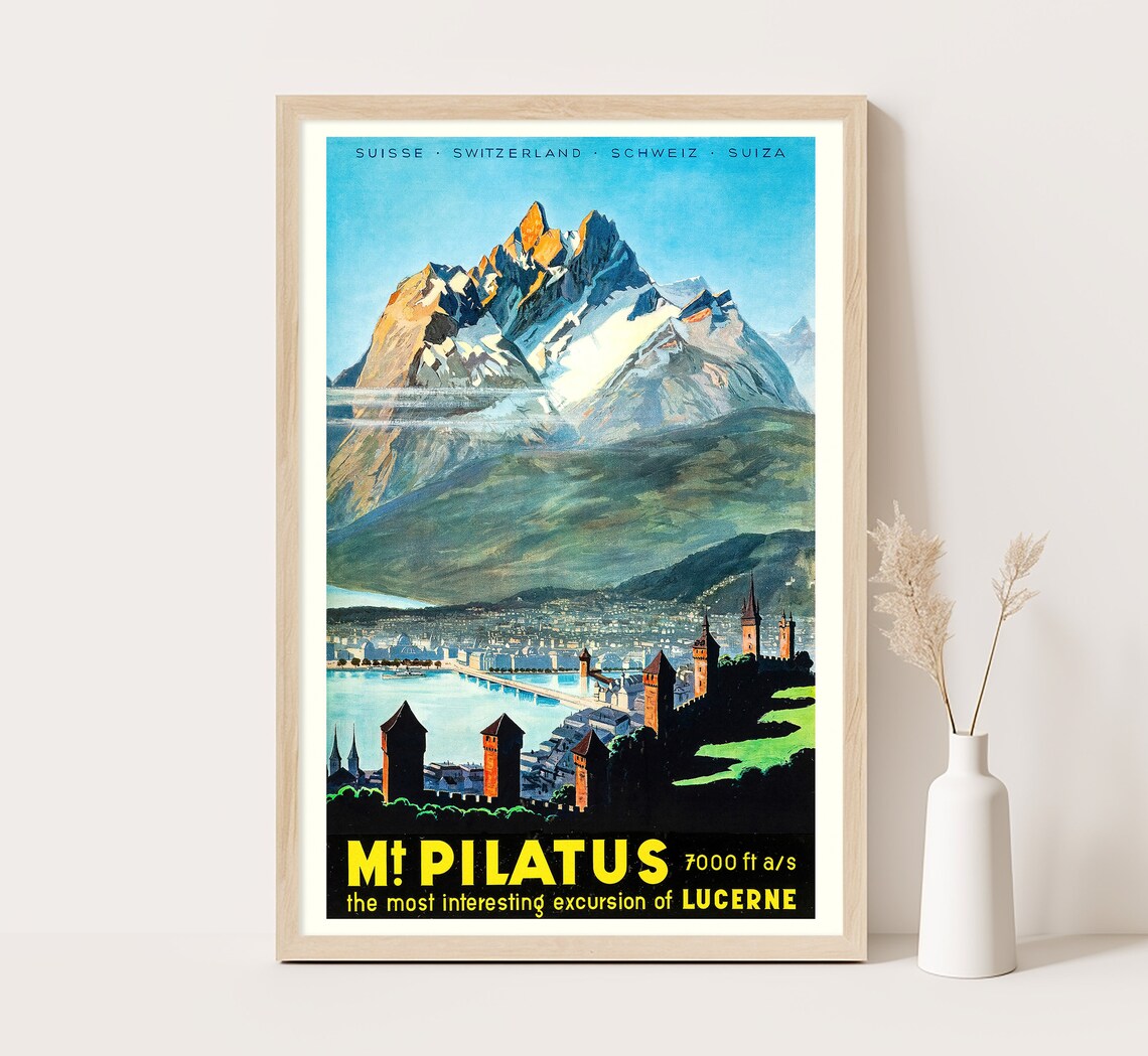 Pilatus Mountain Over Lucerne, Swiss Travel Poster