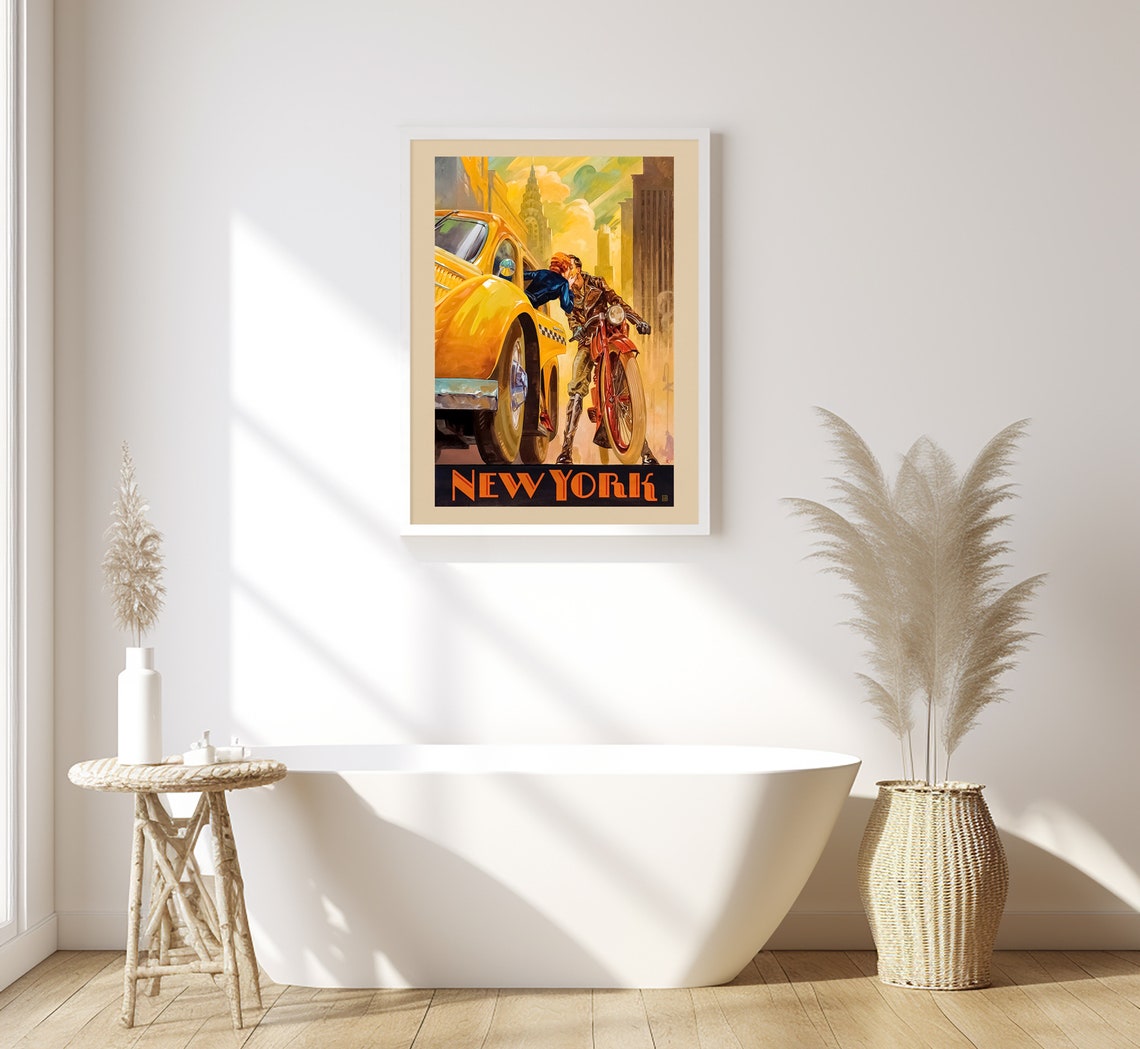 New York Art Deco Yellow Taxi Romance Chrysler Building Vintage Poster - Image 3