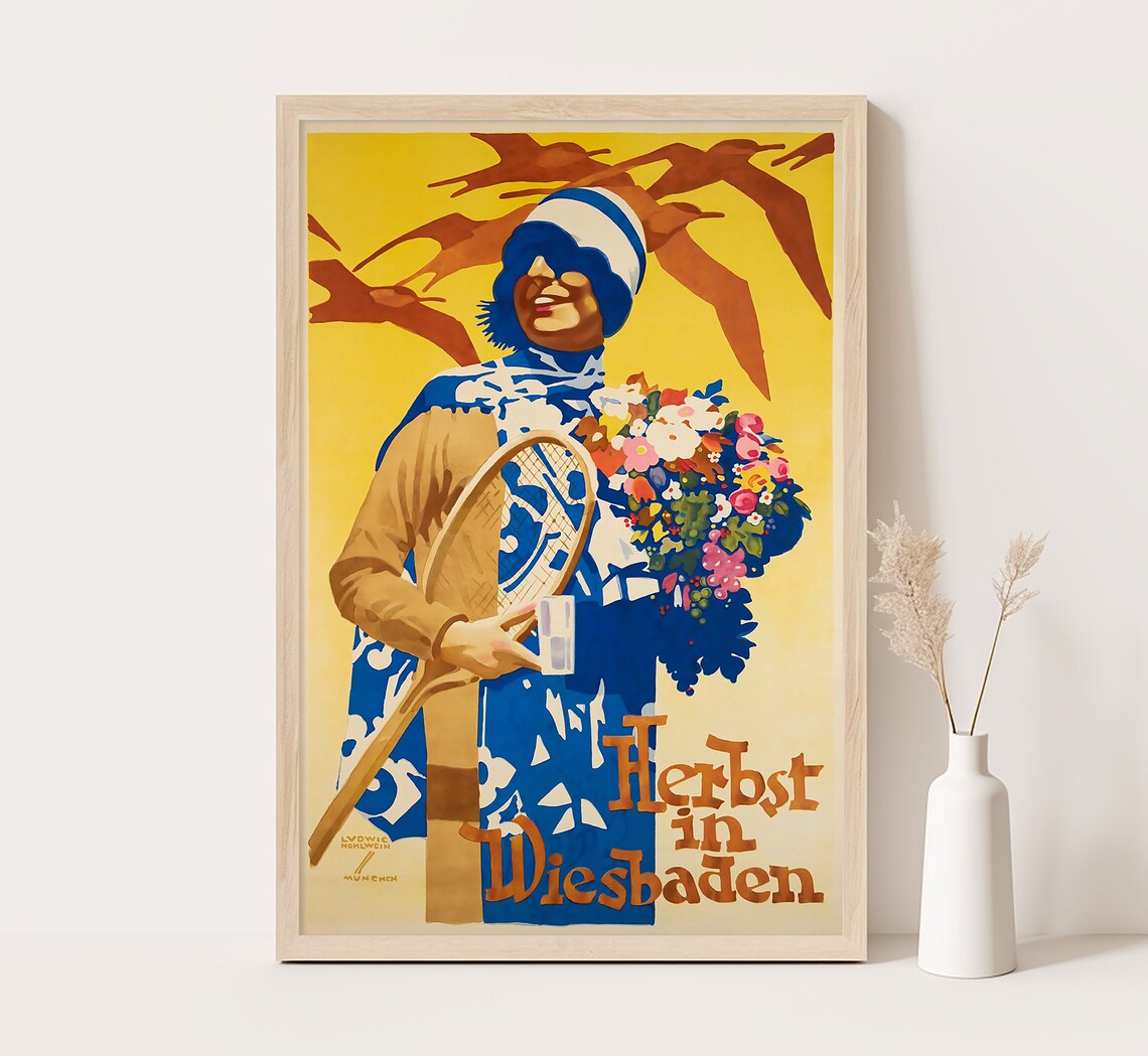 Wiesbaden Germany Autumn Woman Tennis Flowers Hohlwein Vintage Poster