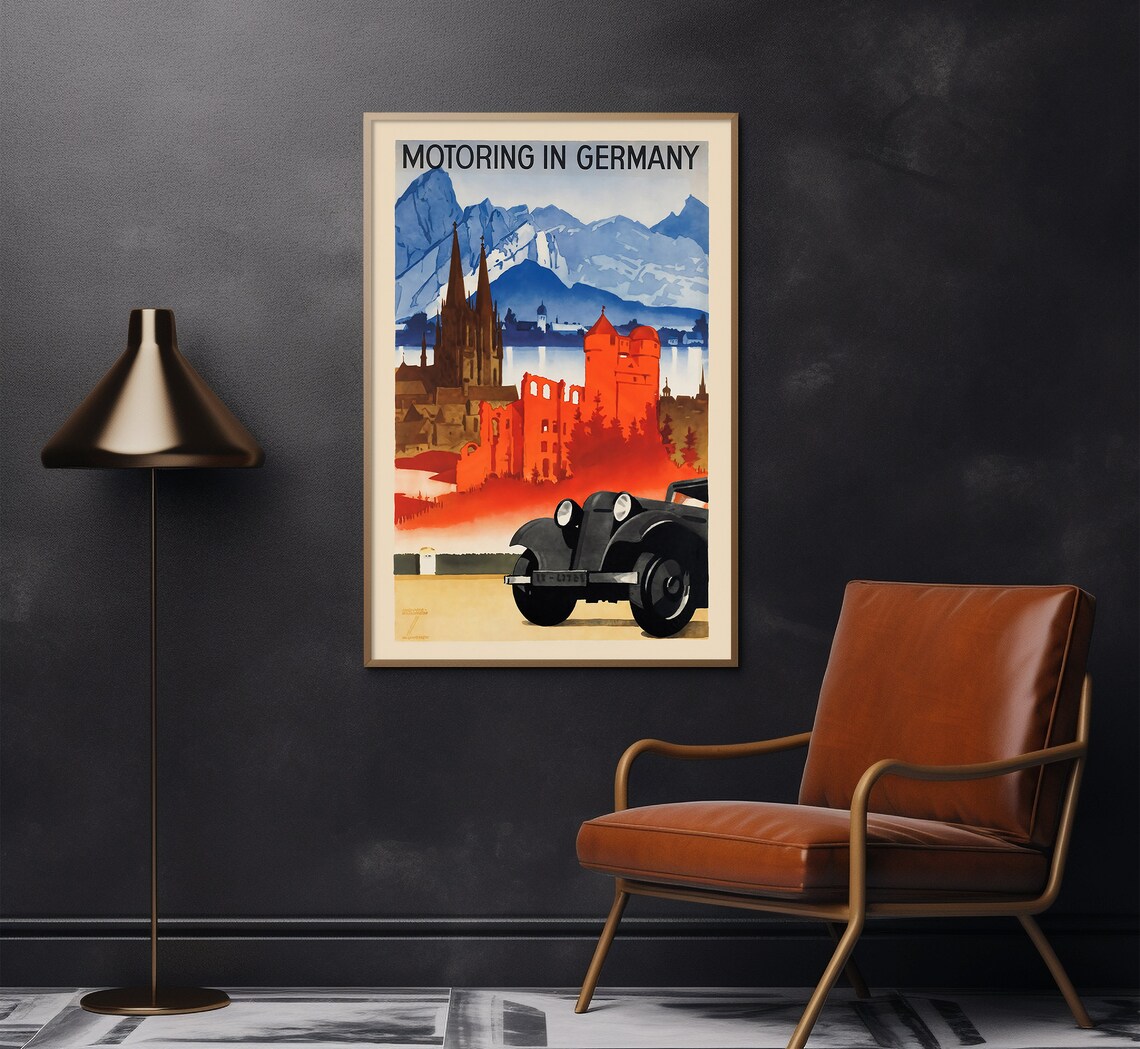 Motoring In Germany Classic Car Castle Alps Vintage Road Trip Poster - Image 2