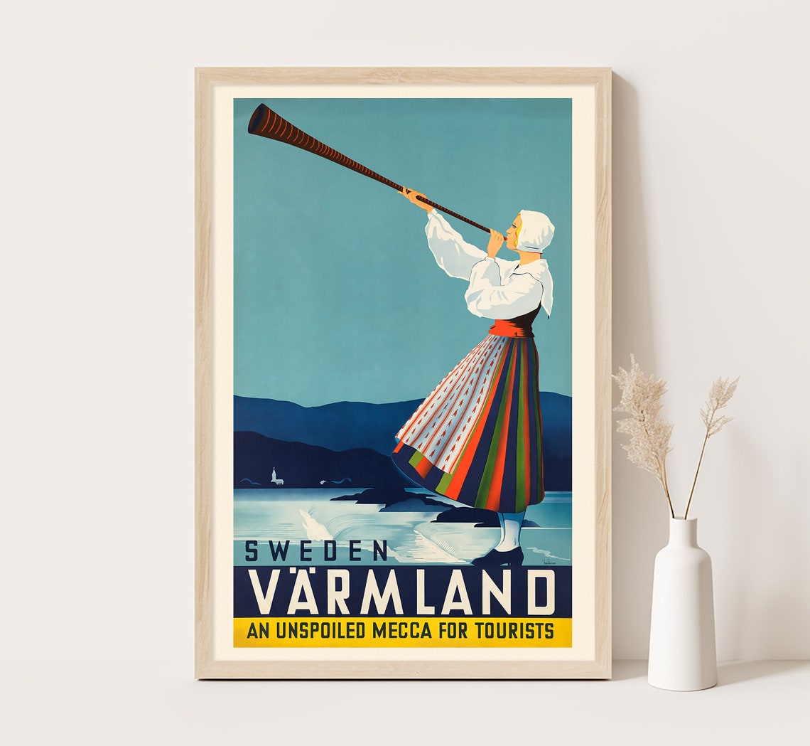 Sweden Varmland Folk Horn Player Lake Sunset Vintage Travel Poster