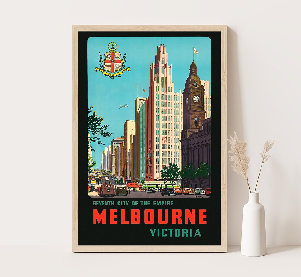 Melbourne Victoria Seventh City Empire Skyline Trams Vintage Poster