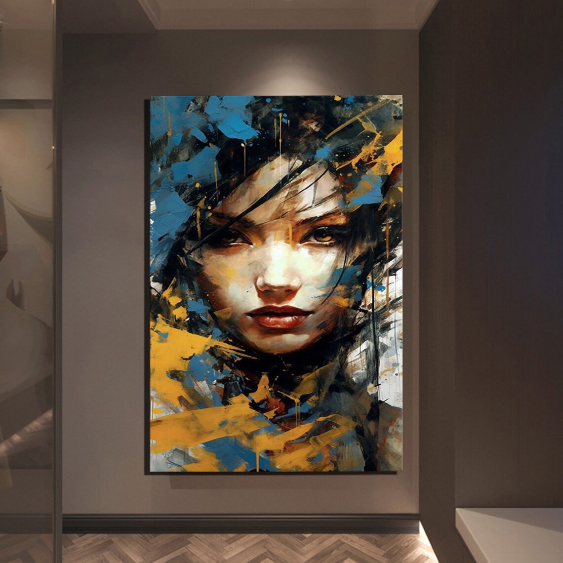Abstract Woman Portrait Blue Gold Bold Brushstrokes Modern Art Print - Image 3