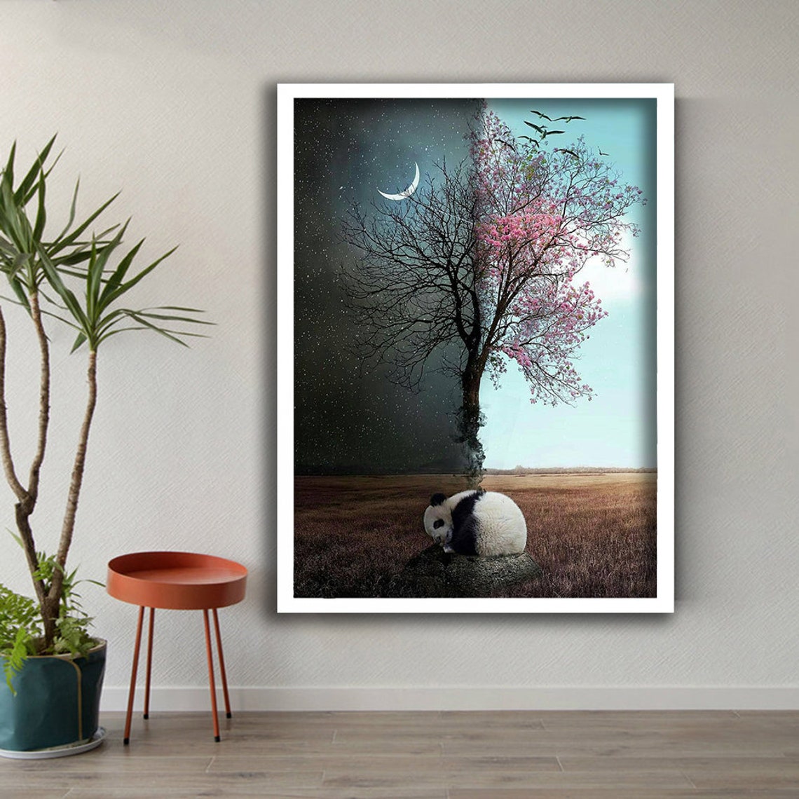 Panda Sleeping Beneath Night And Day Tree Moonlight Blossom Wall Art - Image 3