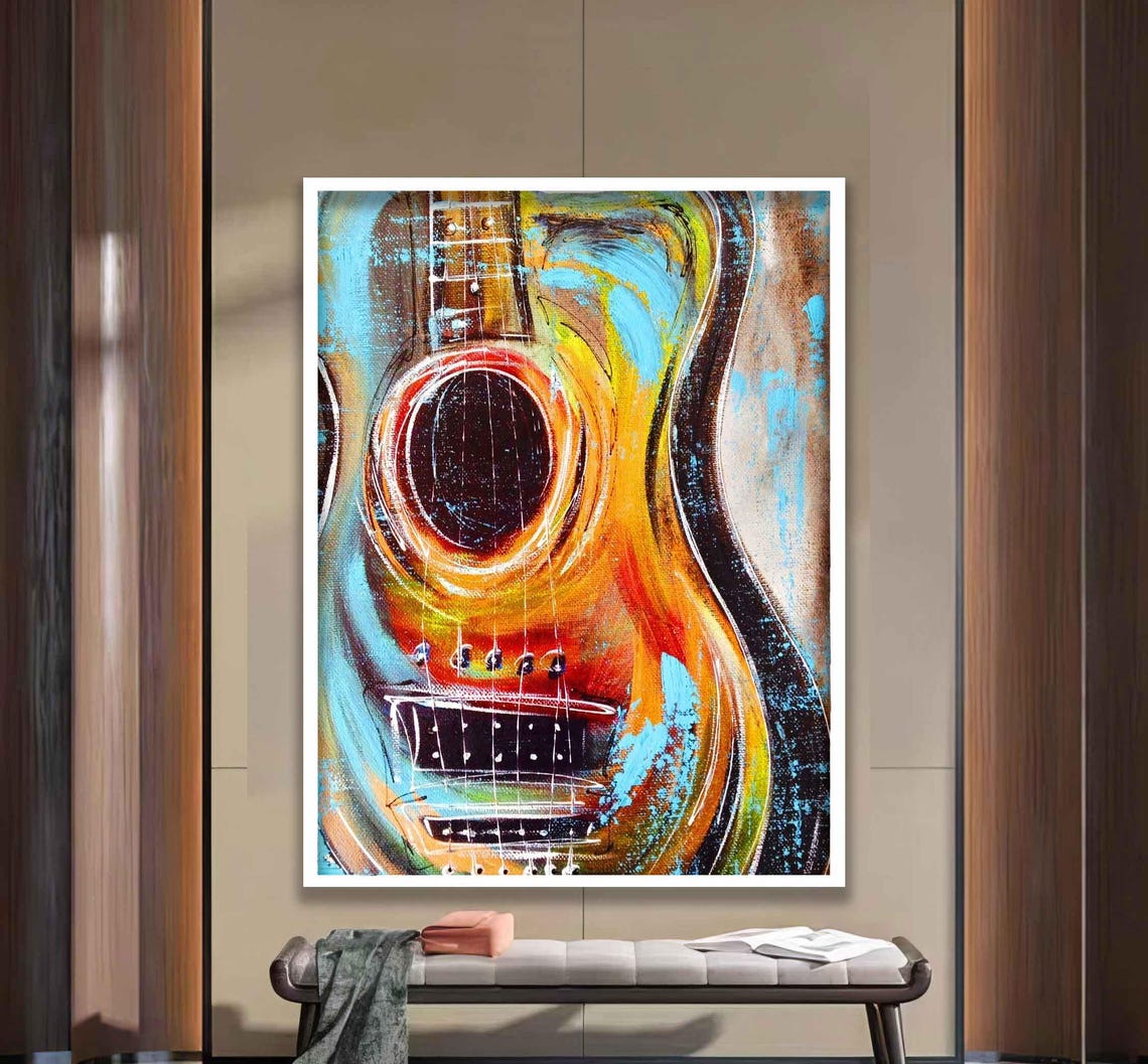 Colorful Abstract Guitar Close Up Teal Orange Music Room Wall Poster - Image 4