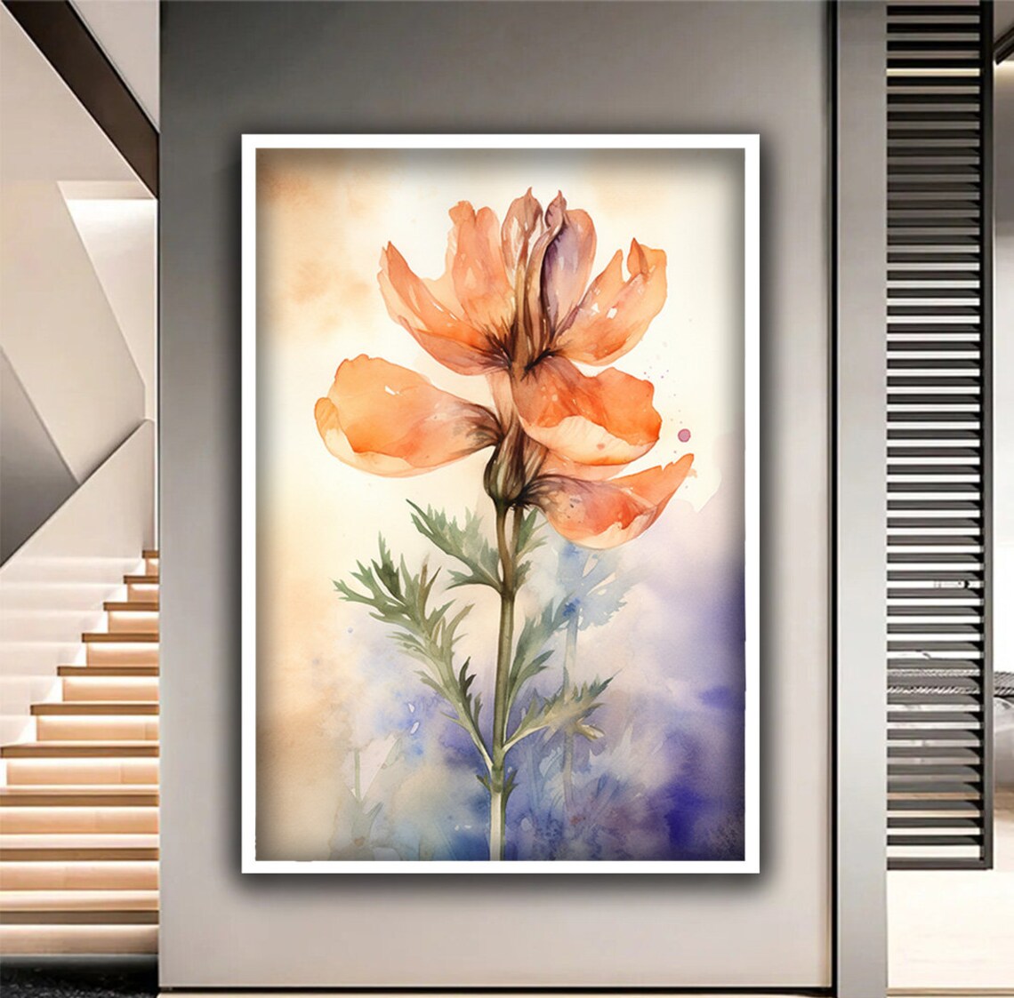 Delicate Orange Poppy Flower Watercolor Botanical Painting Wall Art - Image 2