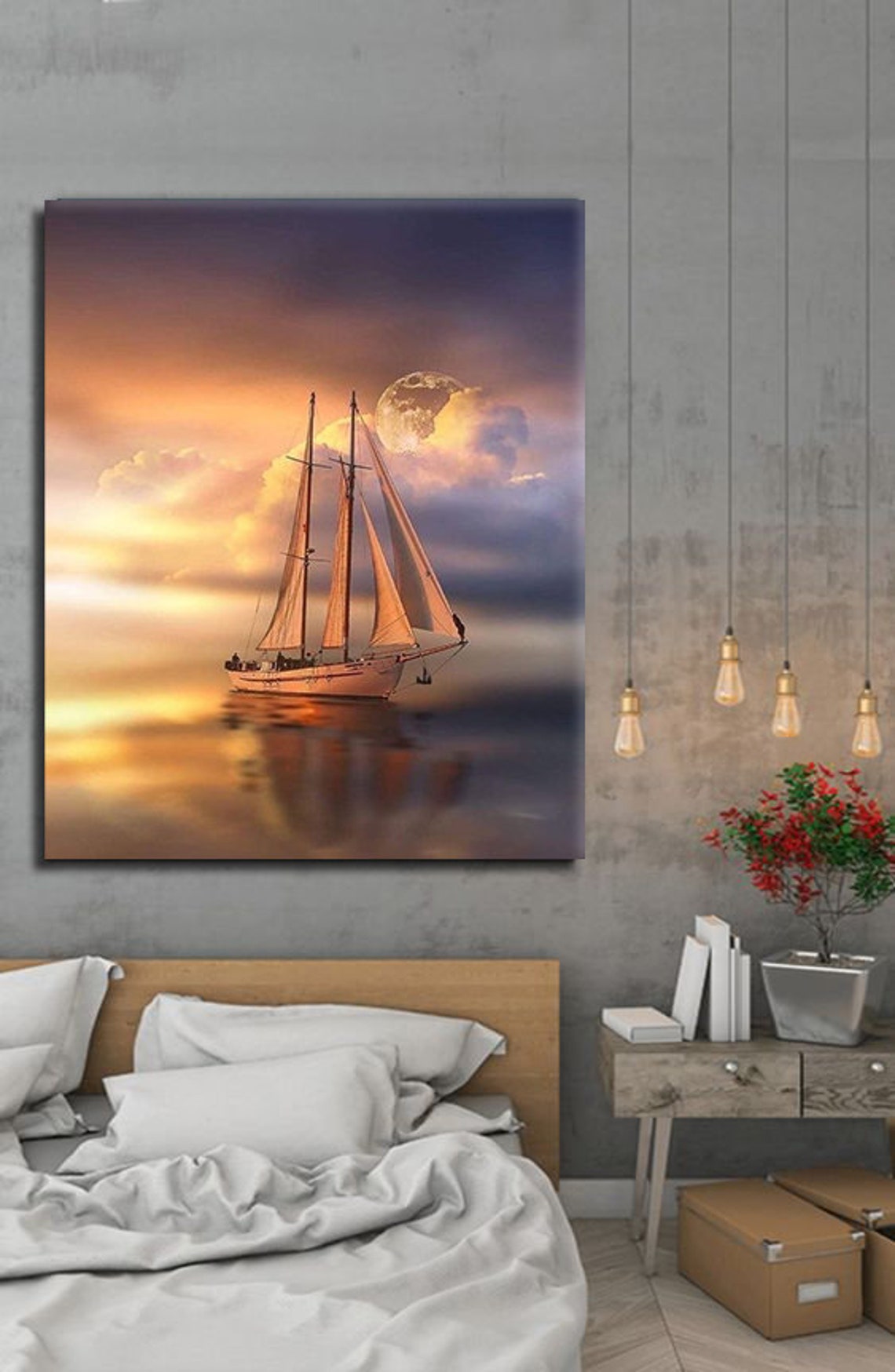 Sailing Ship Sunset Golden Clouds Moon Ocean Voyage Wall Art Print - Image 2