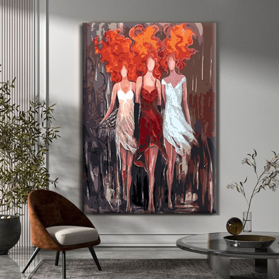 Three Women Fiery Red Hair Elegant Dresses Friendship Art Print - Image 2