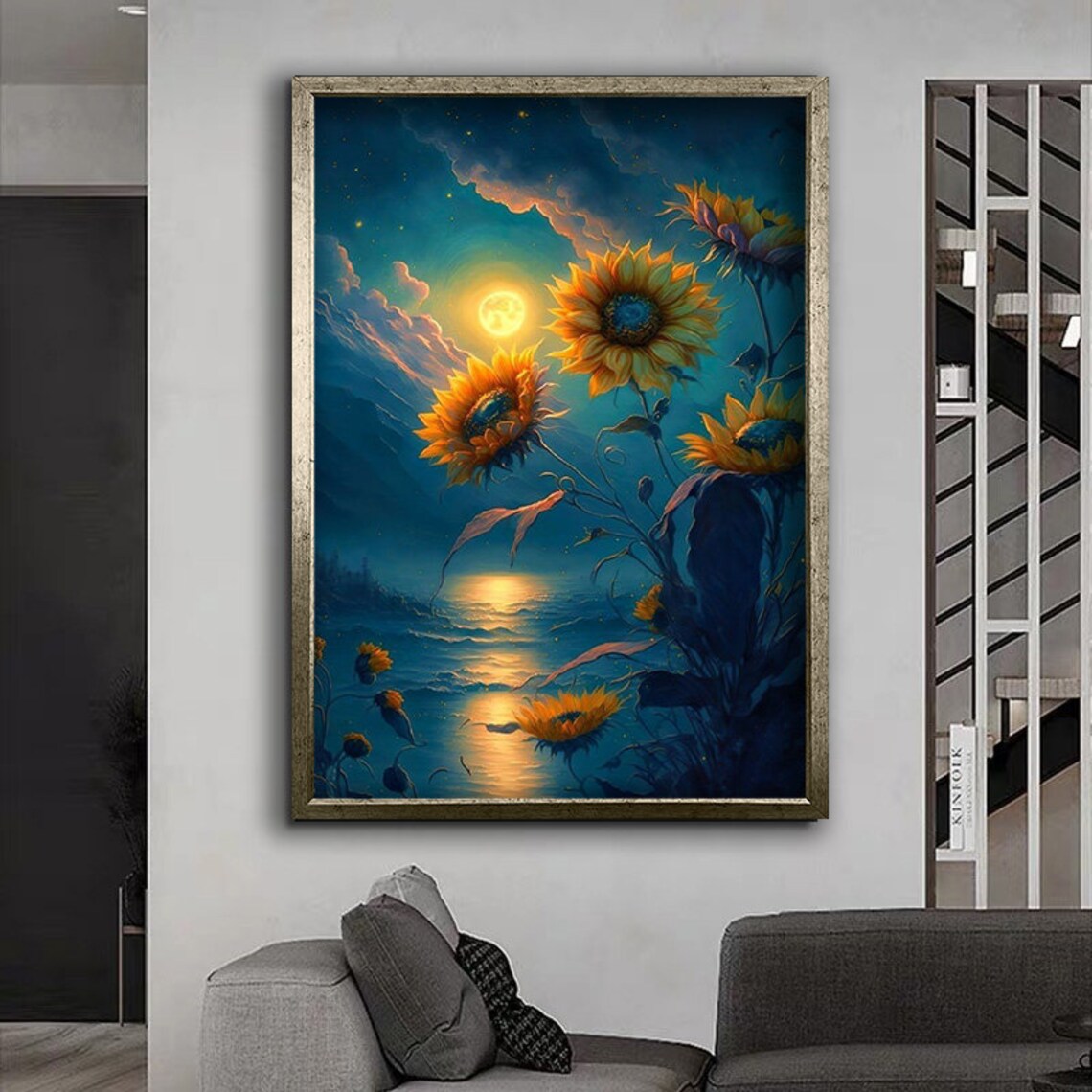 Sunflowers Under Full Moon Night Blue Gold Fantasy Floral Dream Poster - Image 4