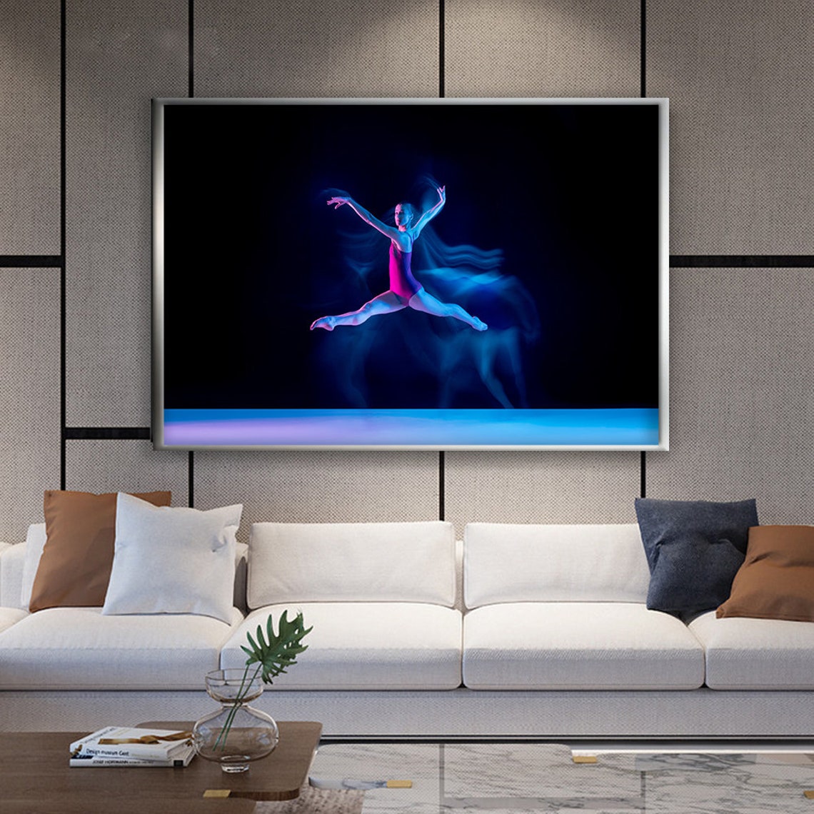 Neon Light Dancer Mid Leap Blue Pink Modern Dance Photography Poster - Image 2