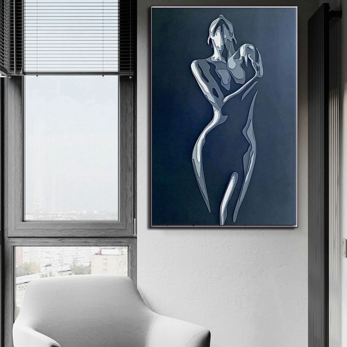 Silver Female Nude Figure Minimalist Line Art Dark Blue Abstract Painting Poster - Image 3