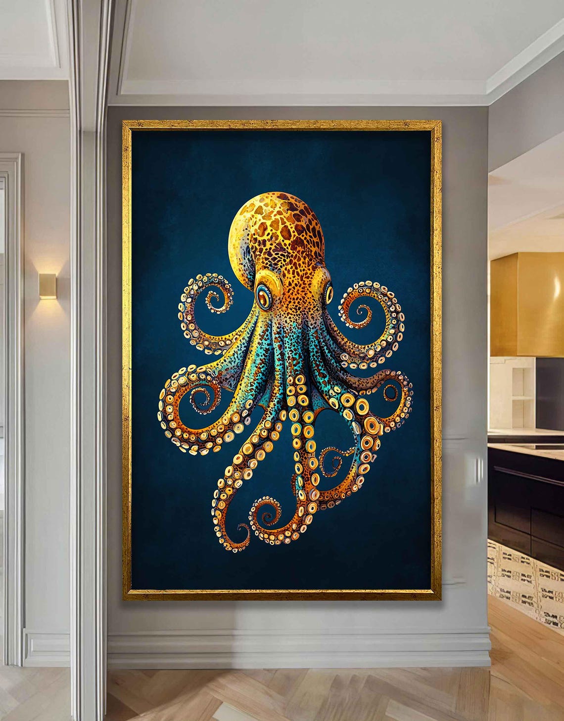 Golden Octopus Ornate Tentacles Deep Blue Background Marine Art Poster - Image 2