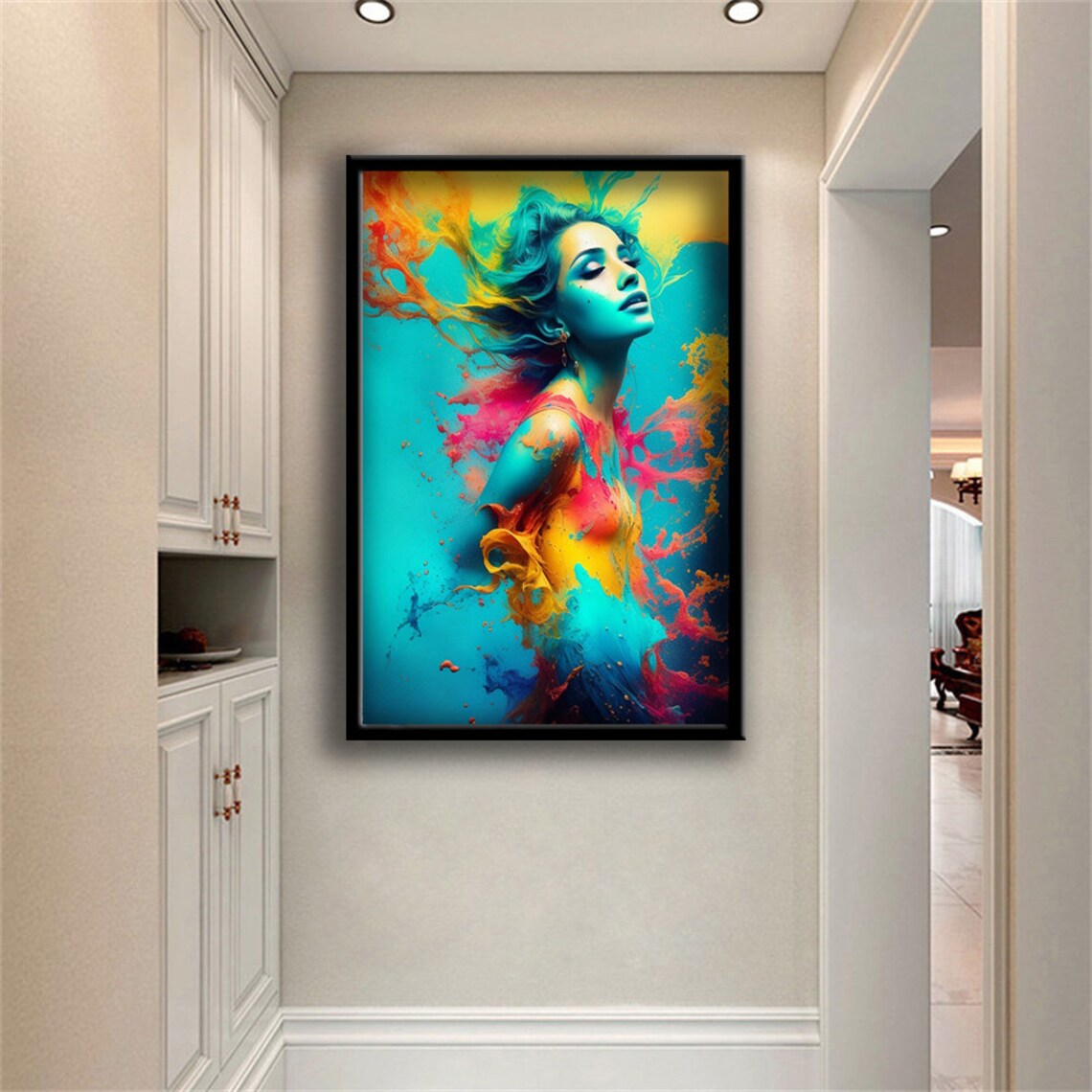 Woman Dissolving Colorful Paint Splash Explosion Vibrant Abstract Portrait Poster - Image 2
