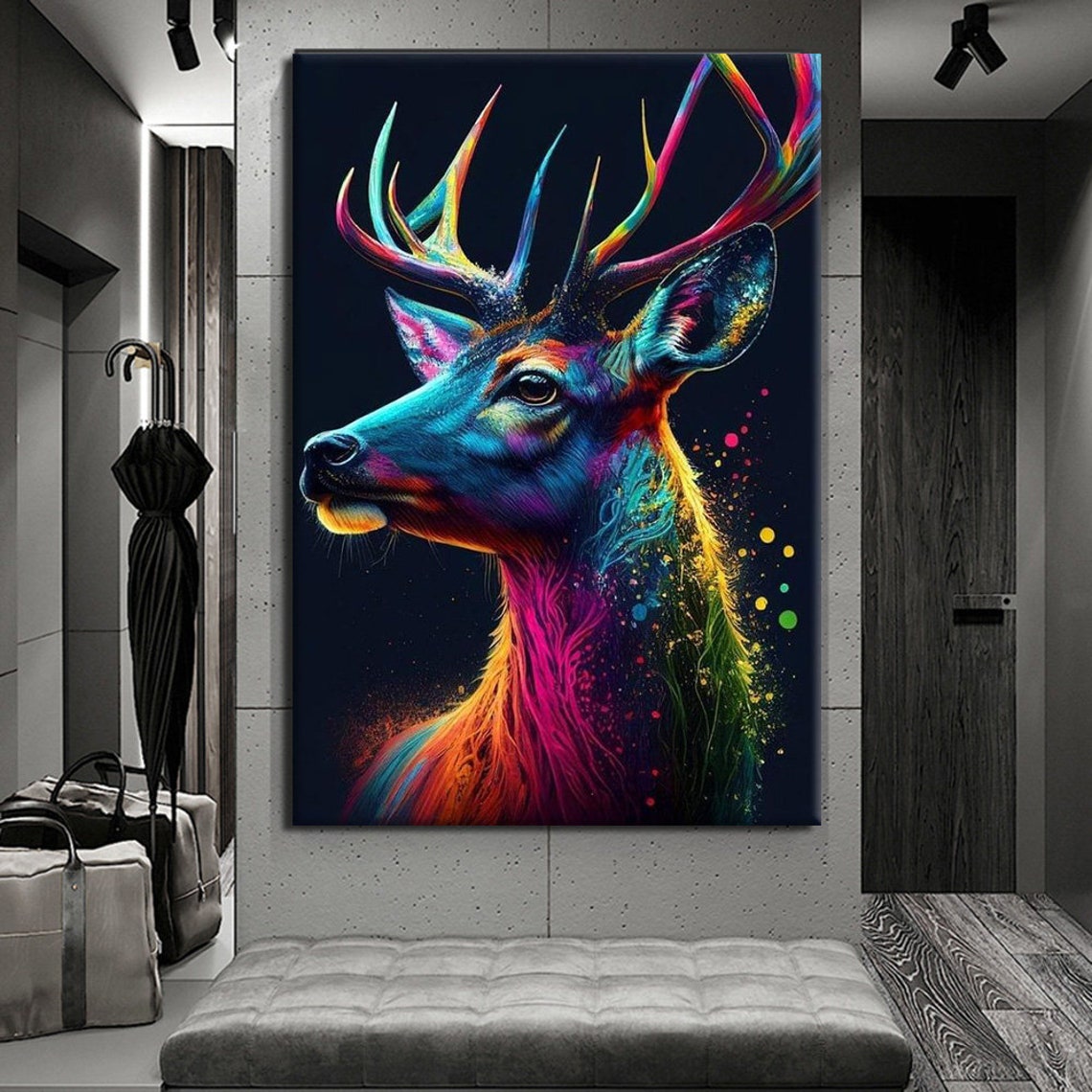 Neon Rainbow Deer Stag Profile Dark Background Animal Wall Art Print - Image 4