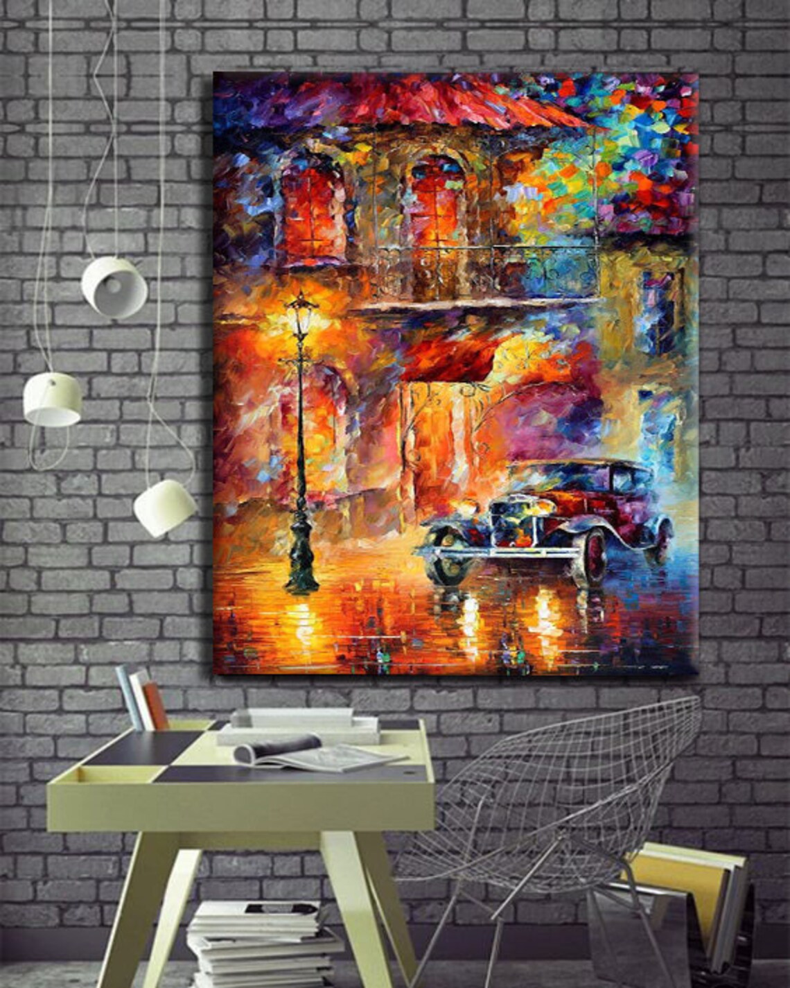 Rainy Vintage Street Night Car Lamp Impressionist Oil Painting Print - Image 2