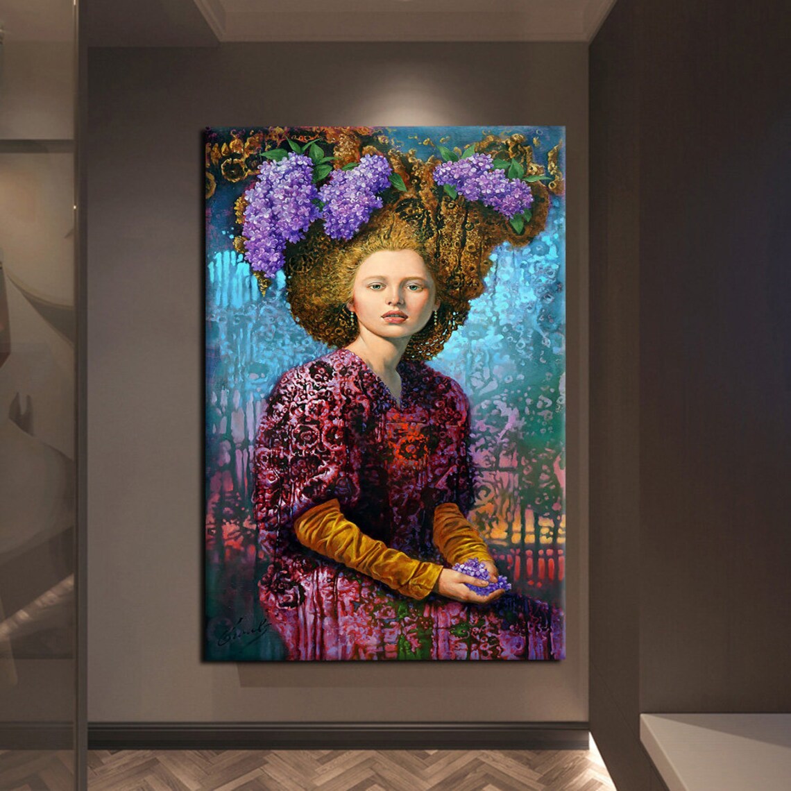 Renaissance Woman With Lilac Flower Crown Golden Curls Portrait Painting Poster - Image 3