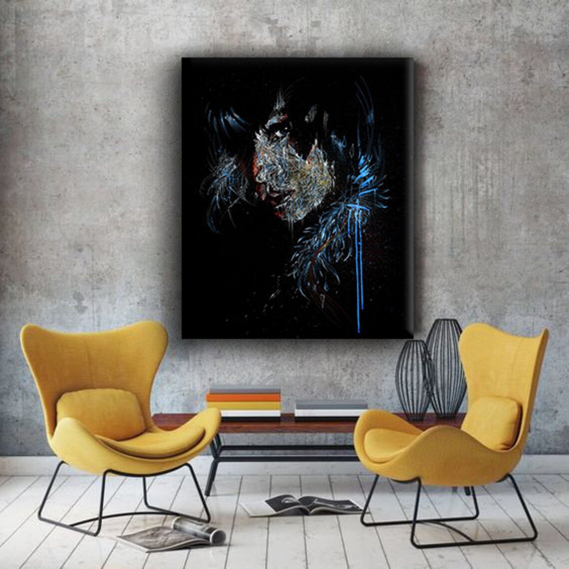 Dark Abstract Woman Face Textured Blue Highlights Modern Portrait Art Print - Image 2