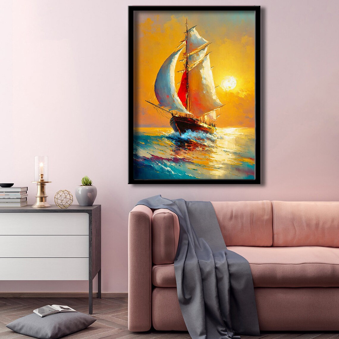 Tall Sailing Ship Golden Sunset Ocean Voyage Oil Style Poster - Image 2