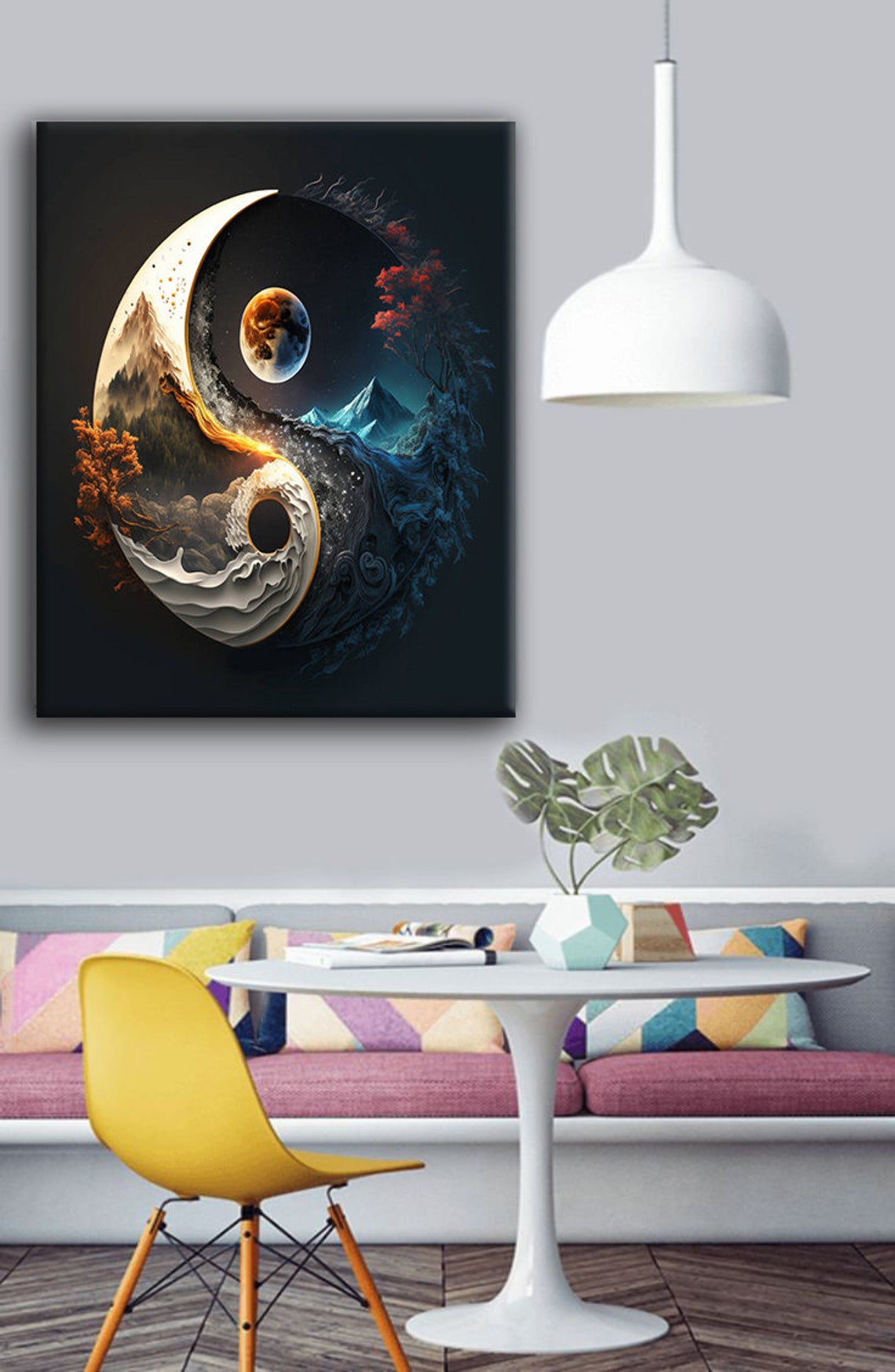Yin Yang Mountain Moon Phases Waterfall Nature Balance Art Poster - Image 3