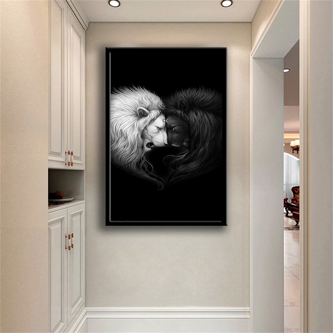 White And Black Lion Pair Heart Shaped Black And White Art Print - Image 3