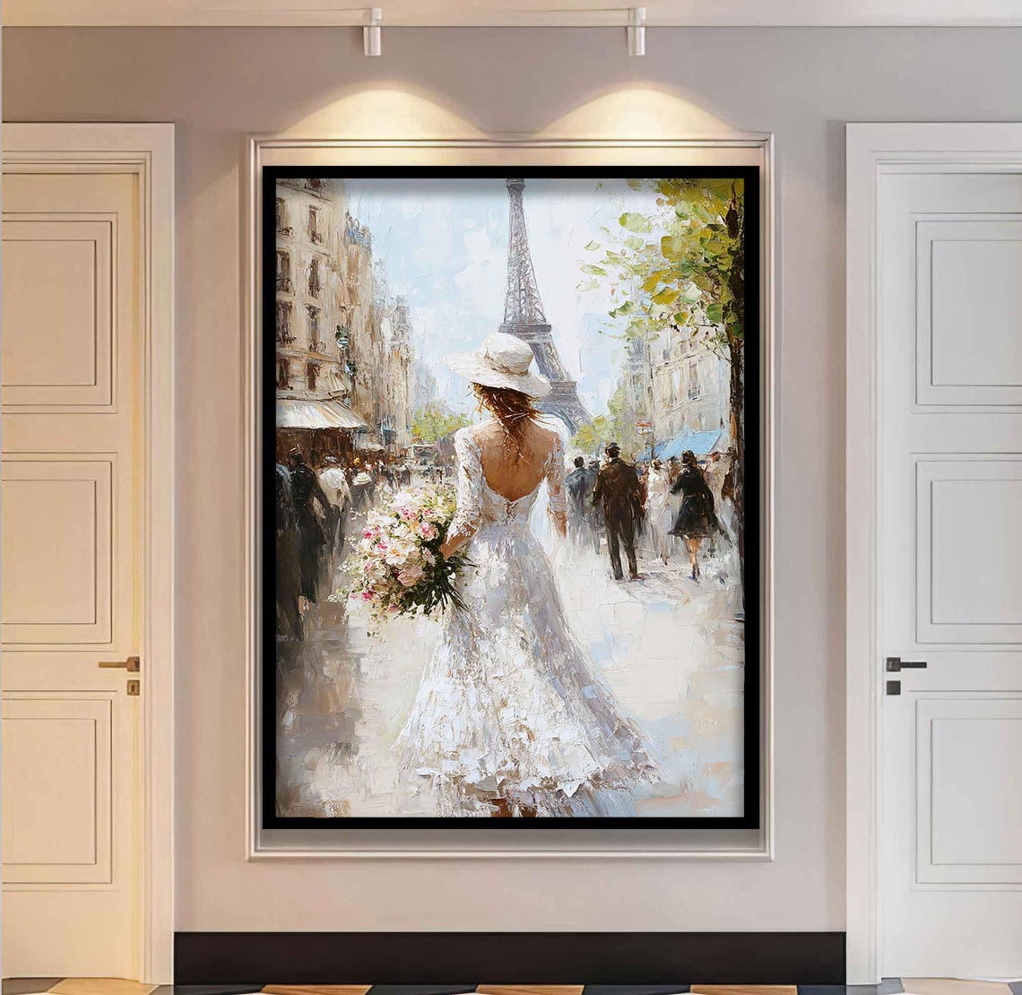 Bride in White Dress Paris Street Eiffel Tower Romantic Oil Poster - Image 4