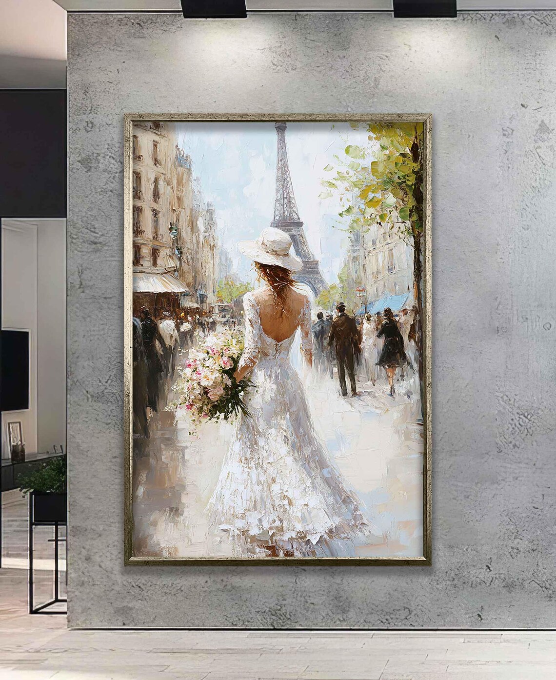 Bride in White Dress Paris Street Eiffel Tower Romantic Oil Poster - Image 3