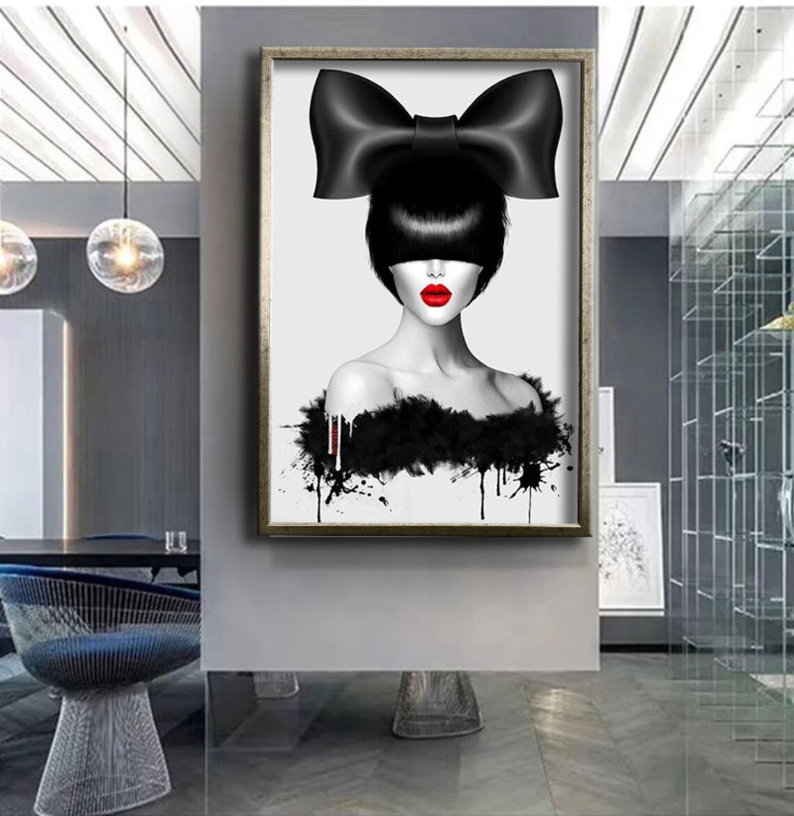 Black White Woman Big Bow Portrait Red Lips Fashion Art Wall Poster - Image 4