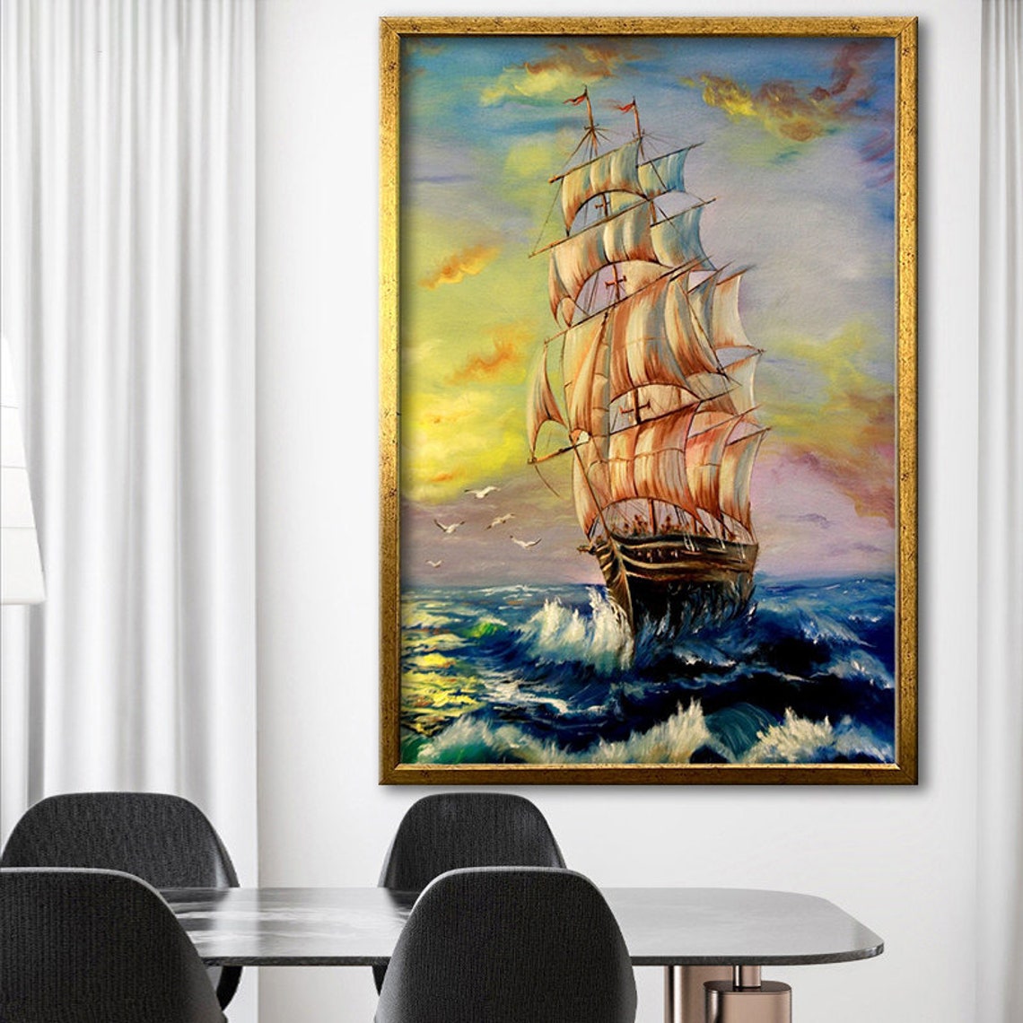 Tall Ship White Sails Sunset Seagulls Ocean Voyage Art Poster - Image 4