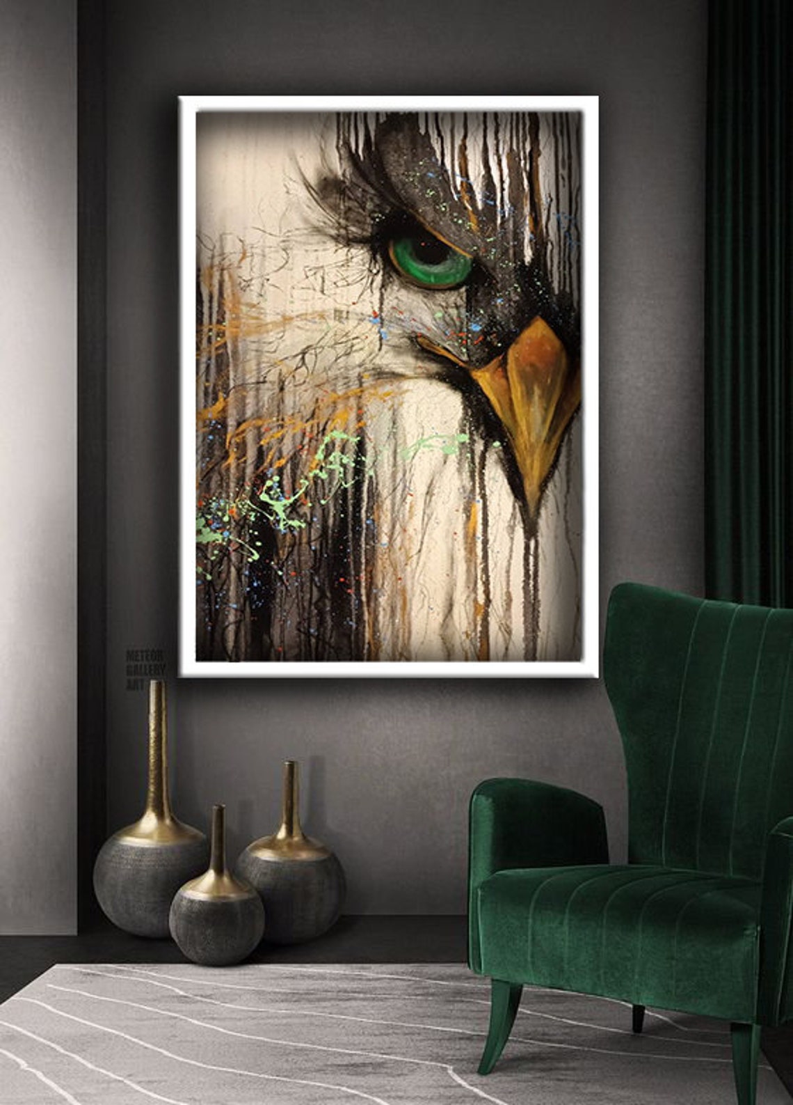 Abstract Eagle Head Green Eye Paint Drips Mixed Media Art Poster - Image 2