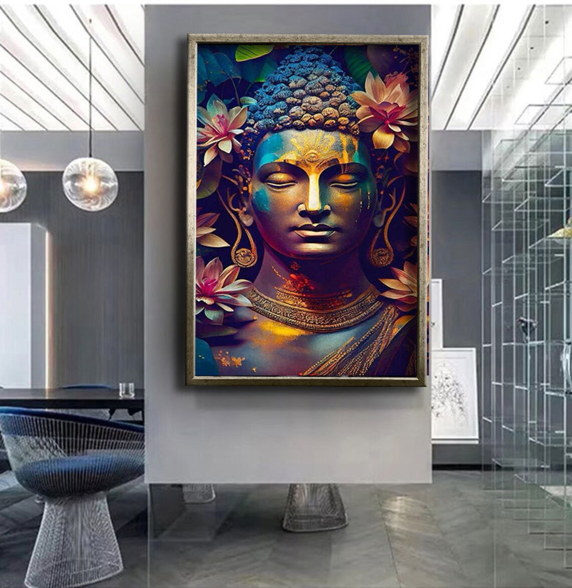 Colorful Buddha Head Lotus Flowers Vibrant Zen Spiritual Wall Poster - Image 4