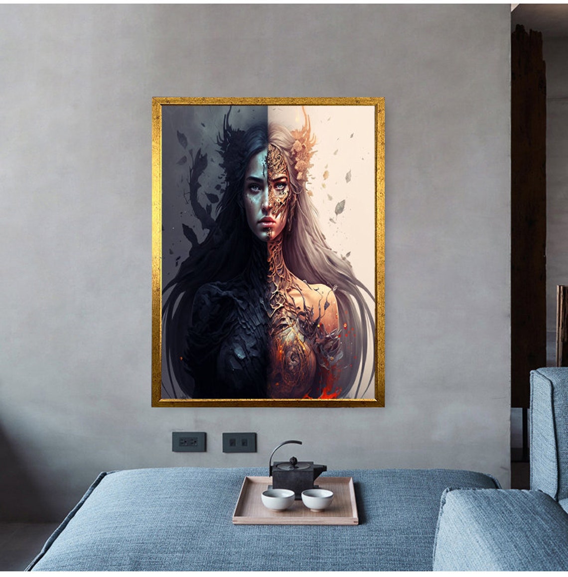 Split Face Dark And Light Woman Warrior Duality Fantasy Art Poster