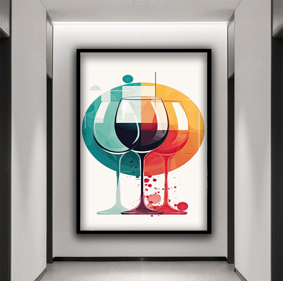 Abstract Wine Glasses Teal Orange Modern Kitchen Decor Art Poster