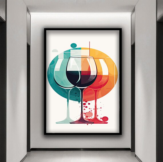 Abstract Wine Glasses Teal Orange Modern Kitchen Decor Art Poster