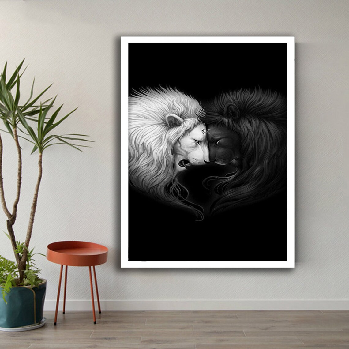 White And Black Lion Pair Heart Shaped Black And White Art Print - Image 2