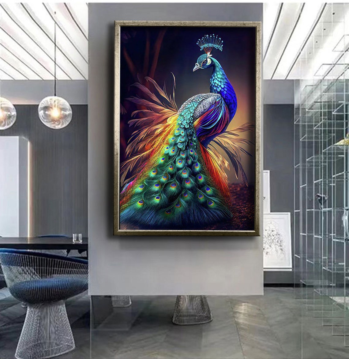 Rainbow Peacock Full Plumage Standing Colorful Bird Art Poster - Image 4