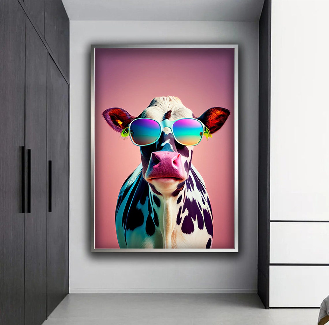 Funny Cow Wearing Rainbow Sunglasses Pop Art Pink Background Poster - Image 2