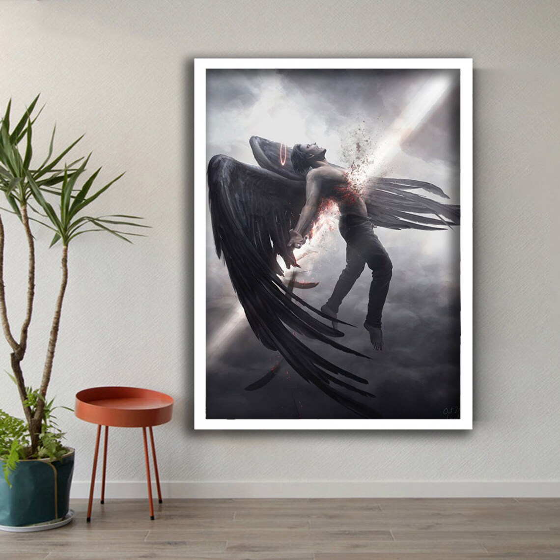 Fallen Dark Angel Black Wings Stormy Sky Fantasy Wall Art Poster - Image 2